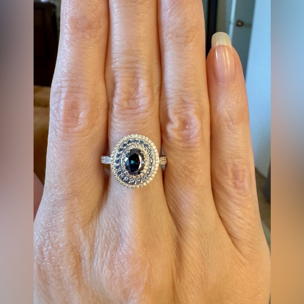 Certified Full Moissanite Ring w/ 1ct Blue Moissanite Oval Center